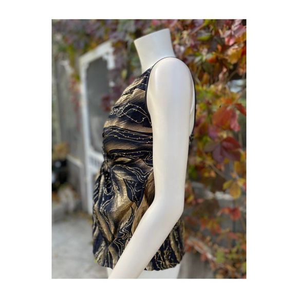 Maxmara Silk Top Black Gold Art Deco Twist Front V Neck - Picture 4 of 12